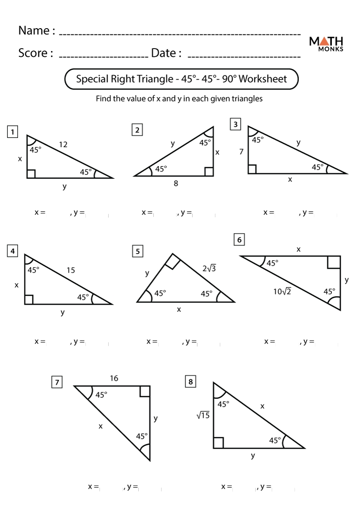 Special Right Triangles Easy Worksheets