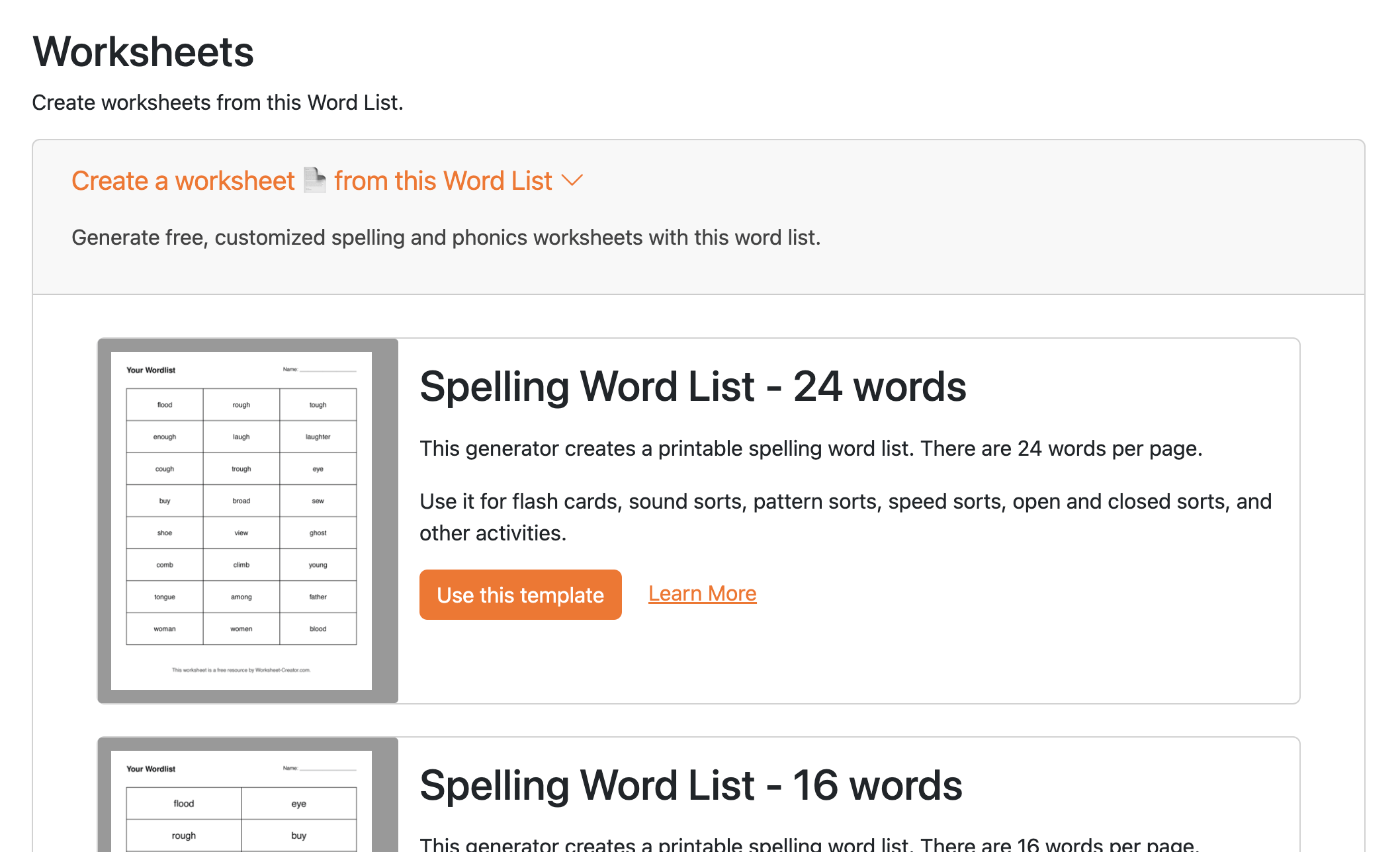Spelling Worksheet Creator