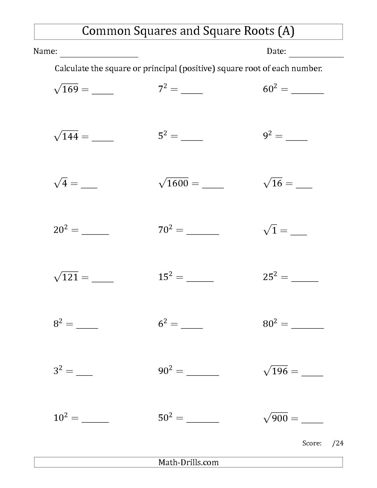 squares and square roots worksheet