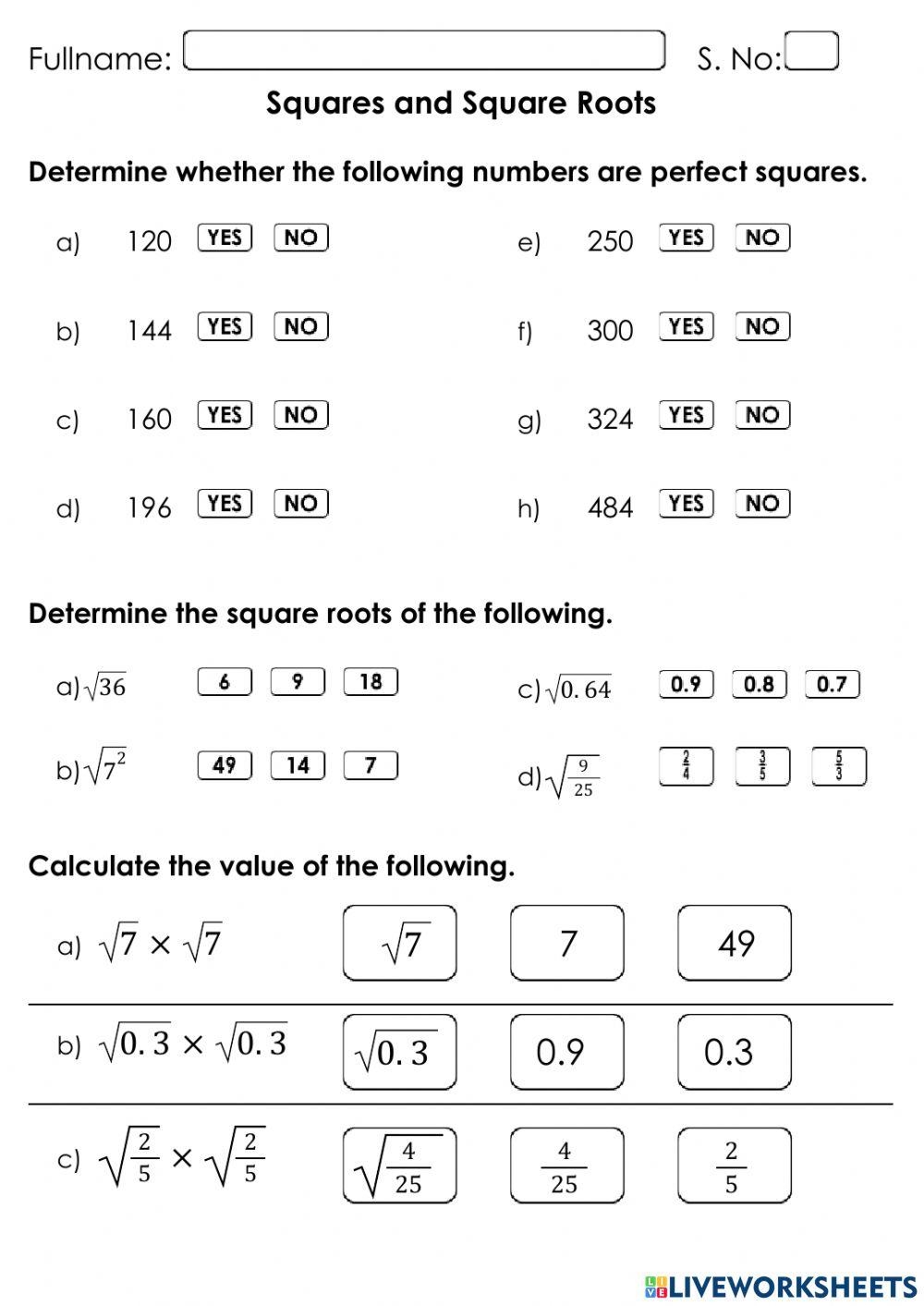 Squares And Square Roots Online Worksheet Worksheets Library