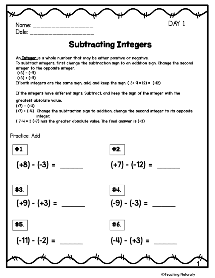 Subtracting Integers Worksheet Subtracting Integers Worksheet