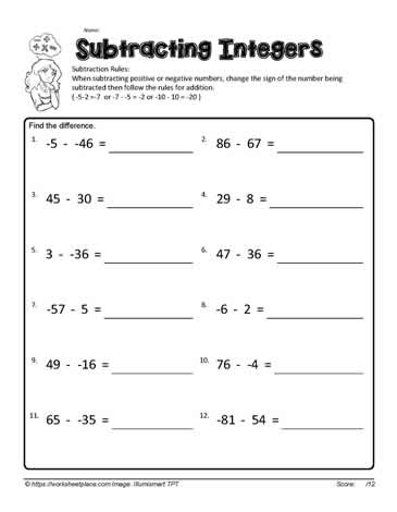 subtracting integers worksheet subtracting integers worksheet