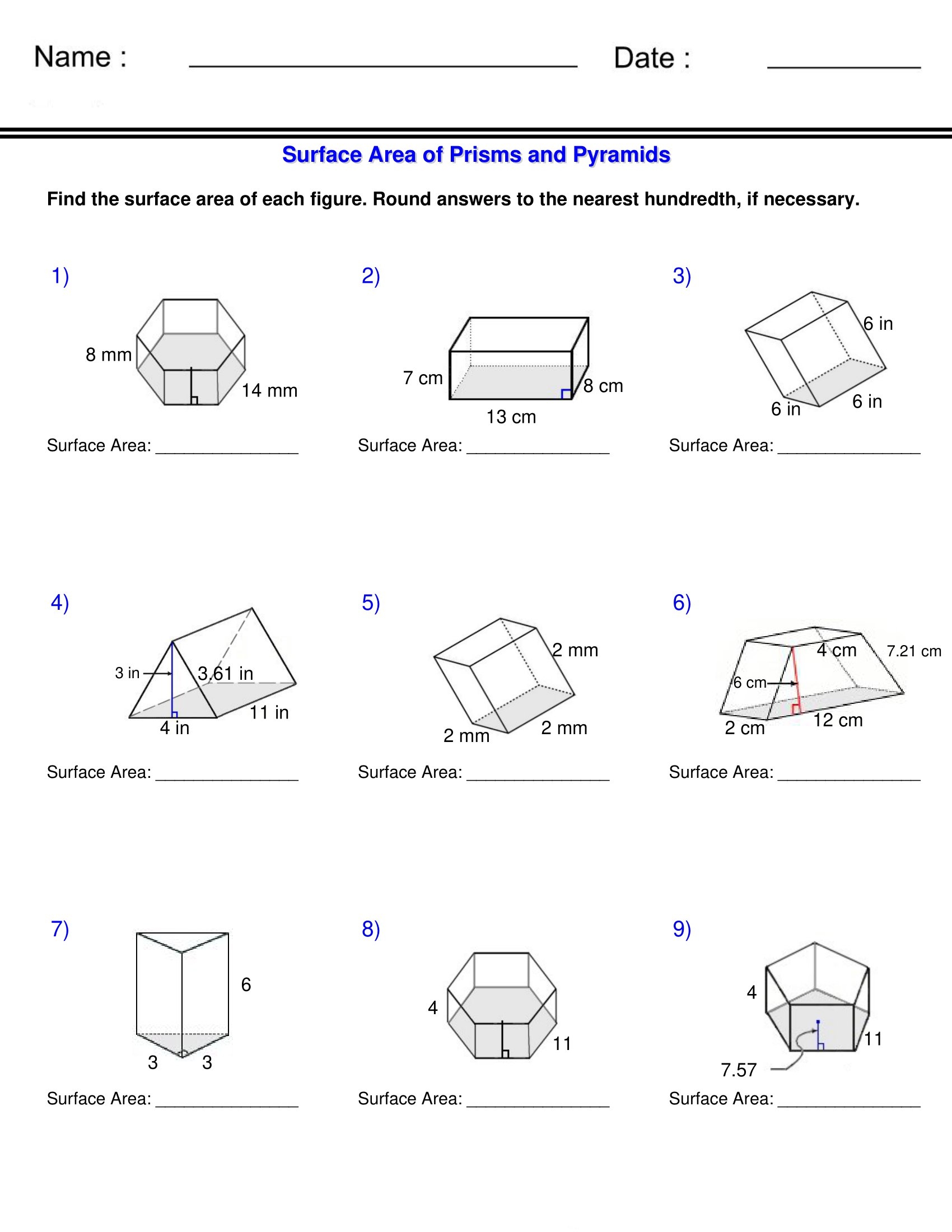 Surface Area And Volume Prisms And Pyramids Surface Area Worksheets Surface Area And Volume Prisms And Pyramids Surface Area Worksheets