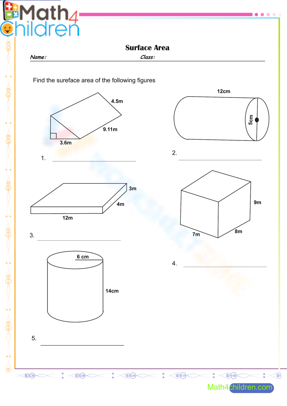 Surface Area Worksheet Surface Area Worksheet