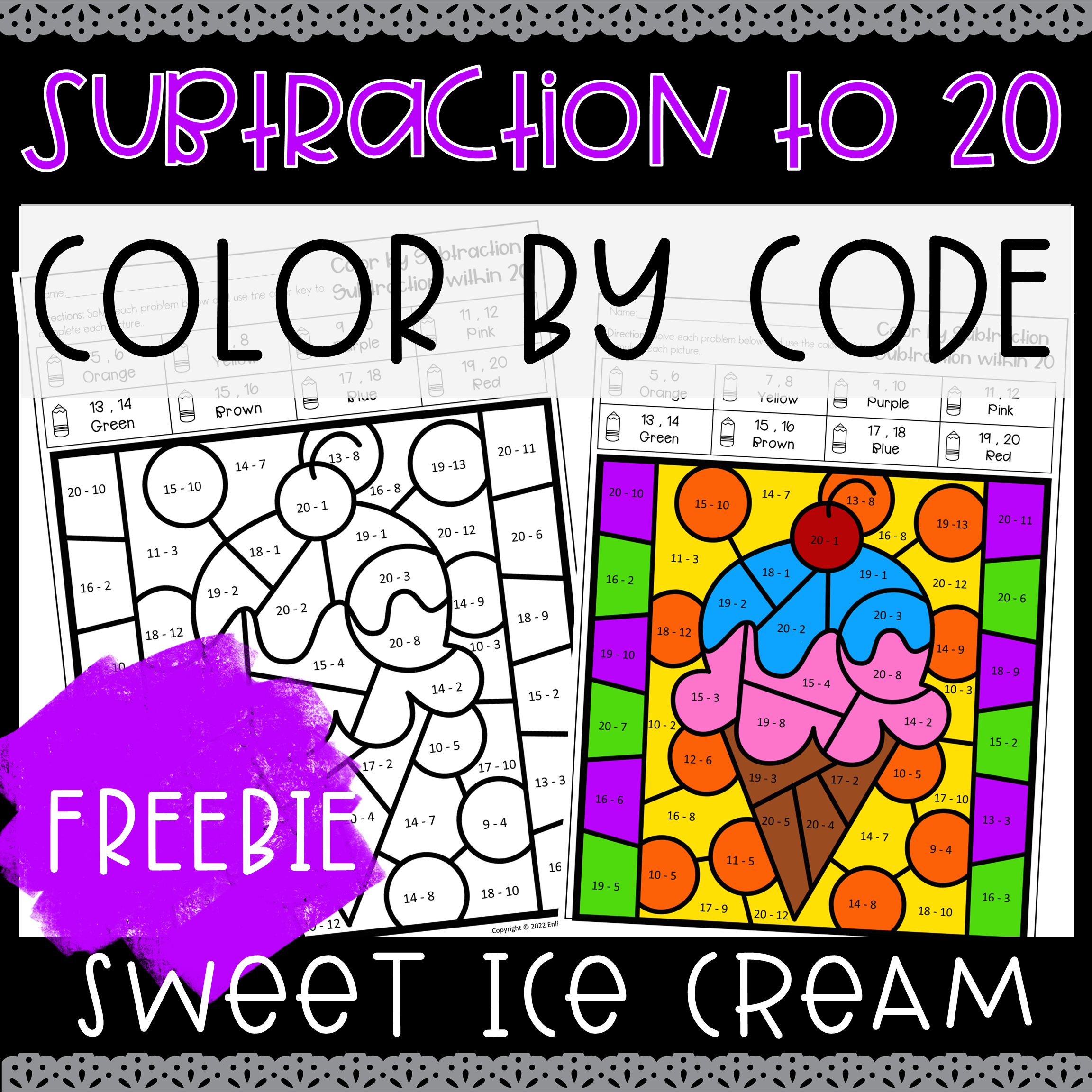 Sweet Ice Cream Summer Subtraction To 20 Color By Code FREEBIE Made Sweet Ice Cream Summer Subtraction To 20 Color By Code FREEBIE Made