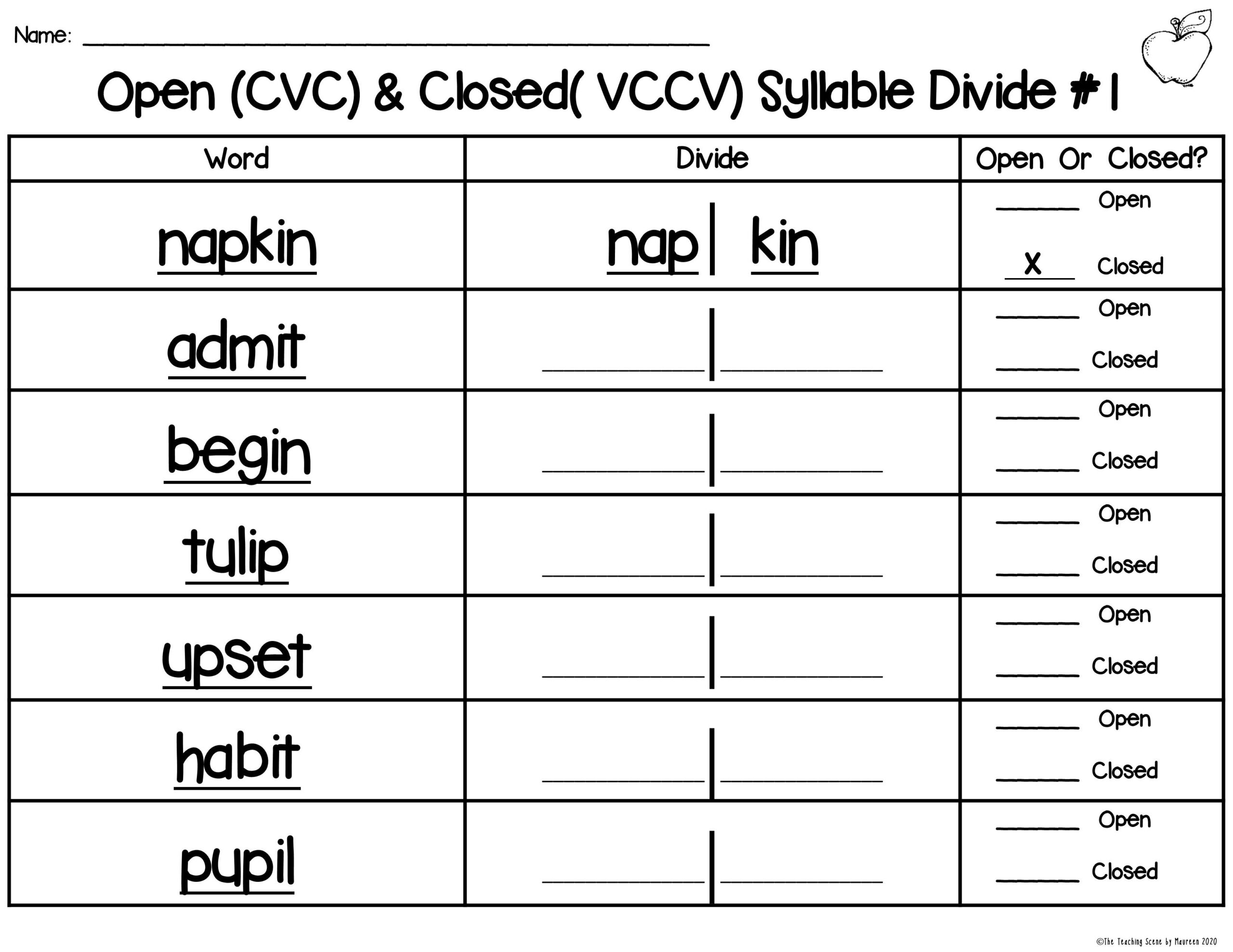 open and closed syllables worksheets