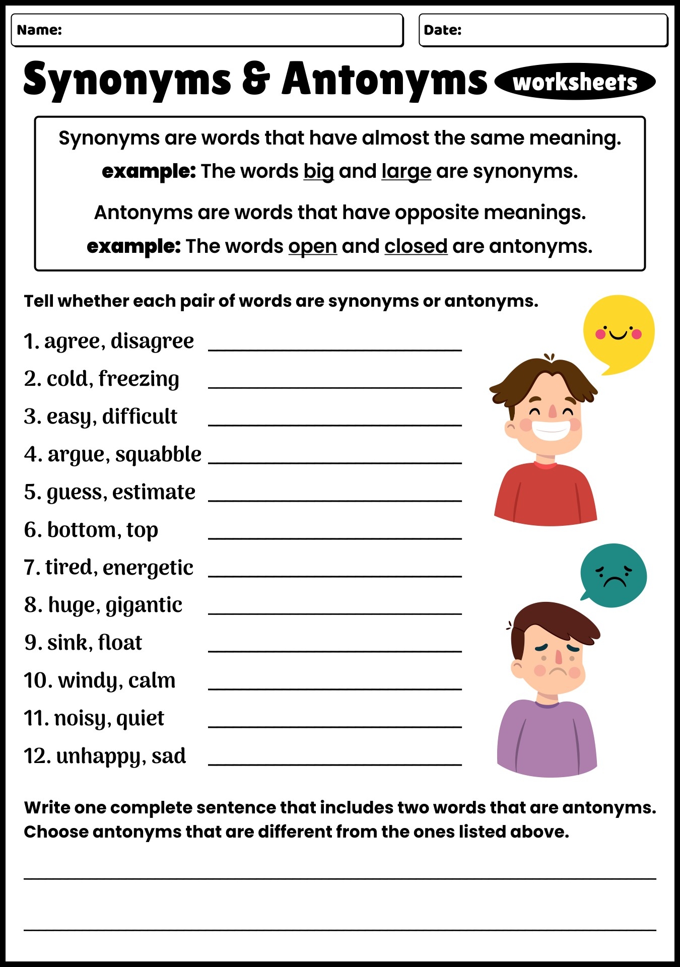 Synonym And Antonym Worksheet Synonym And Antonym Worksheet