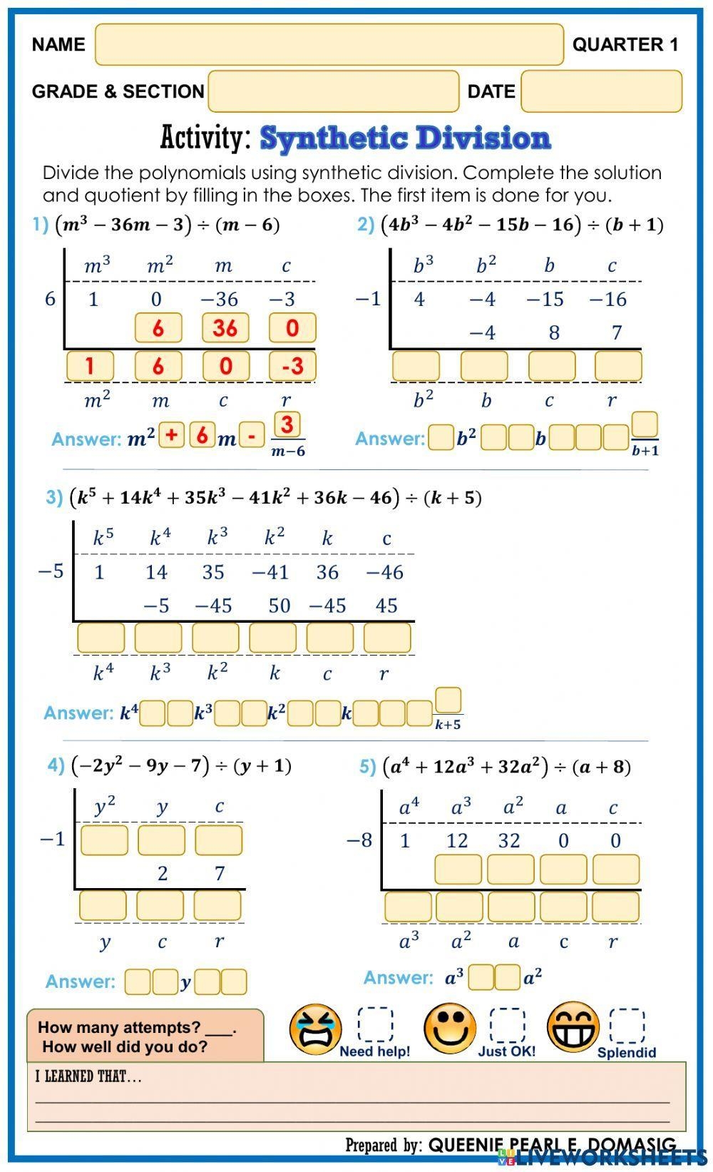 Synthetic Division Activity Live Worksheets Worksheets Library Synthetic Division Activity Live Worksheets Worksheets Library