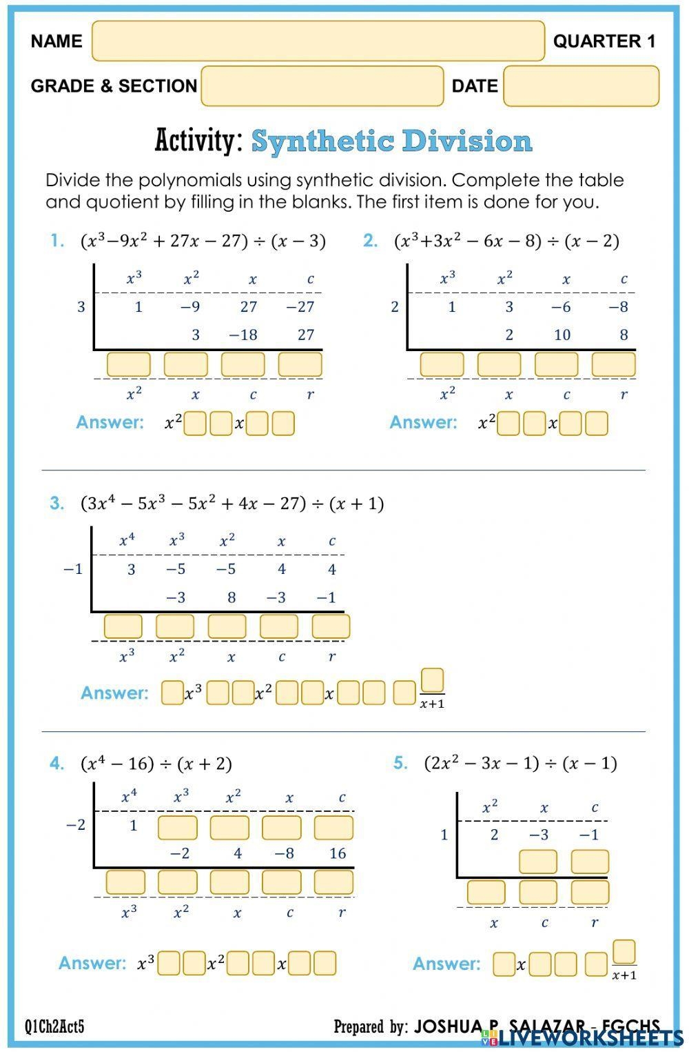 Synthetic Division Interactive Worksheet Worksheets Library