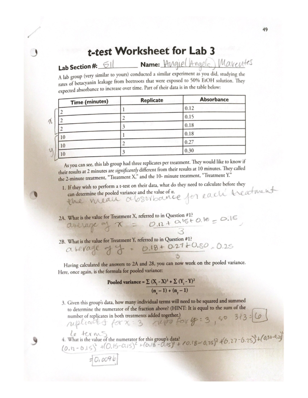T Test Worksheet For Lab 3 49 Worksheet For Lab 3 Lab Section 511 T Test Worksheet For Lab 3 49 Worksheet For Lab 3 Lab Section 511