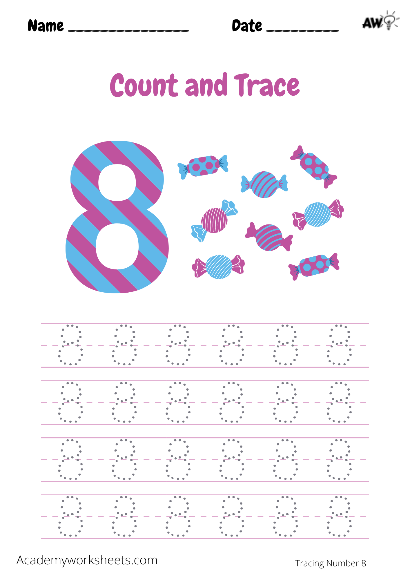 The Number 8 Tracing Trace Number 8 Academy Worksheets