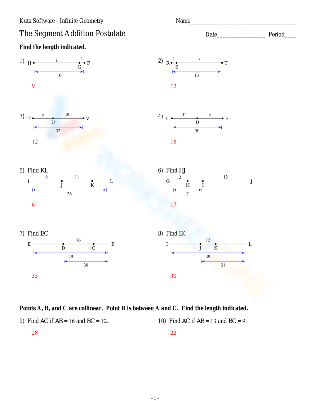 segment addition postulate worksheet segment addition postulate worksheet