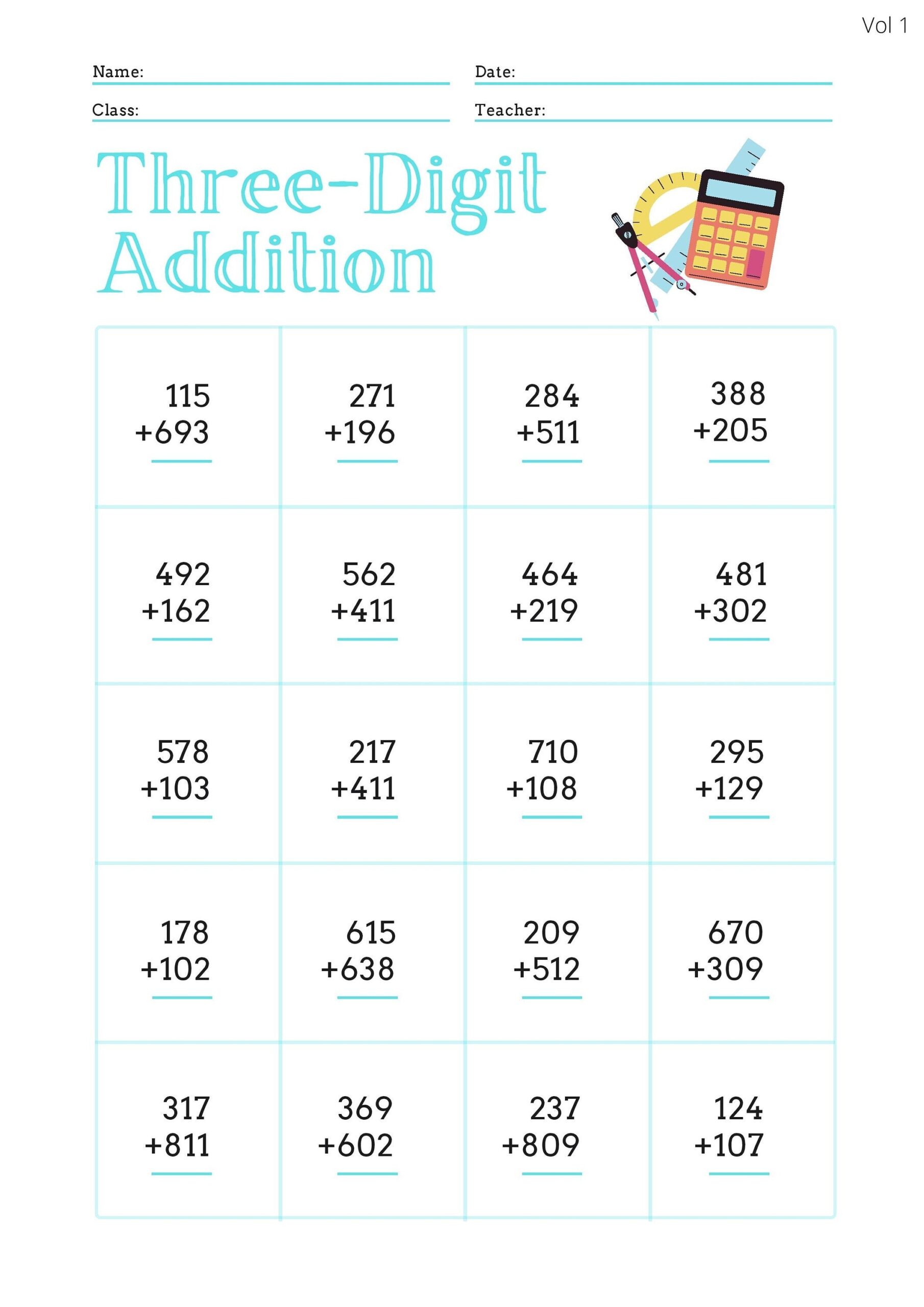 Three Digit Addition Worksheets With