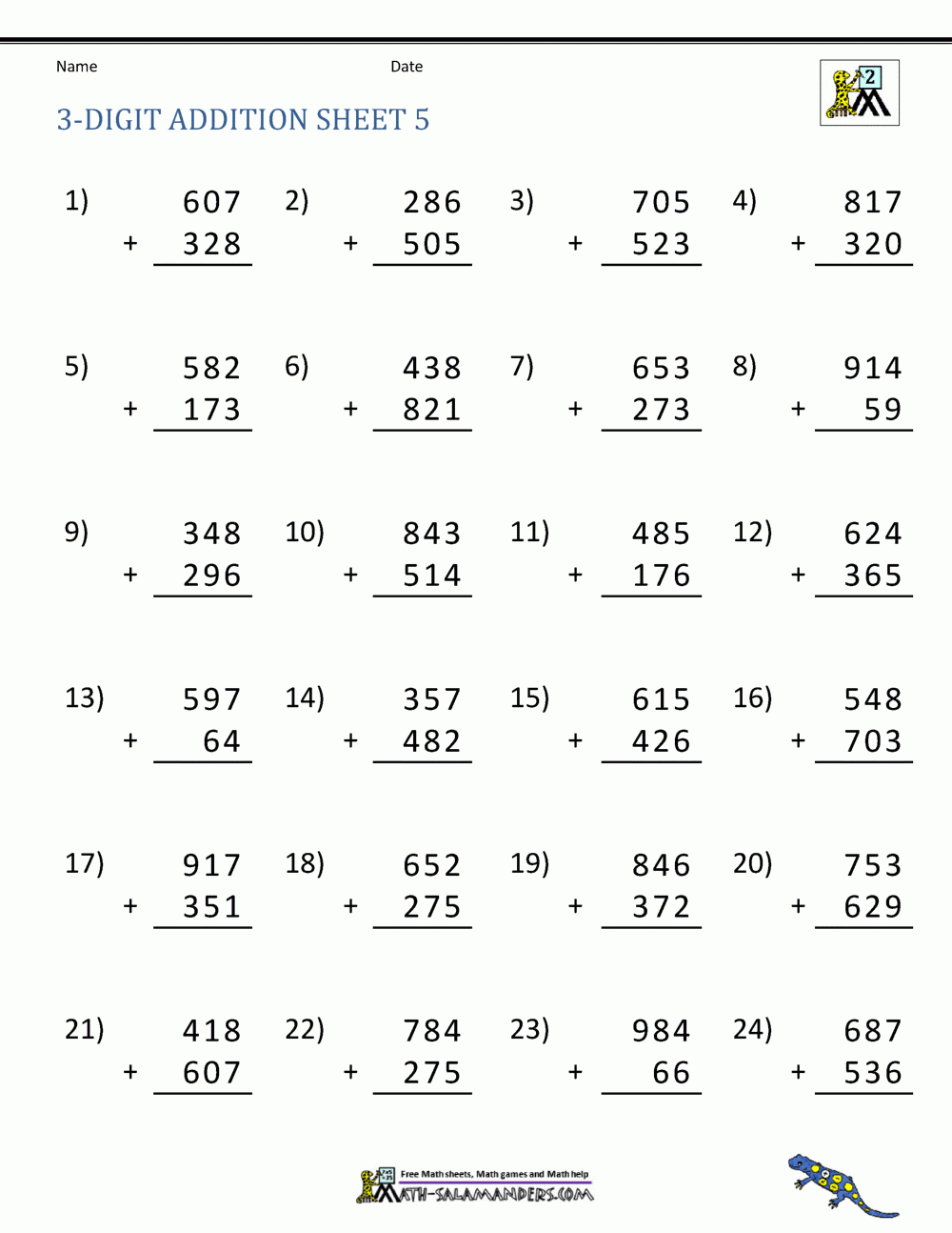 three digit addition worksheets