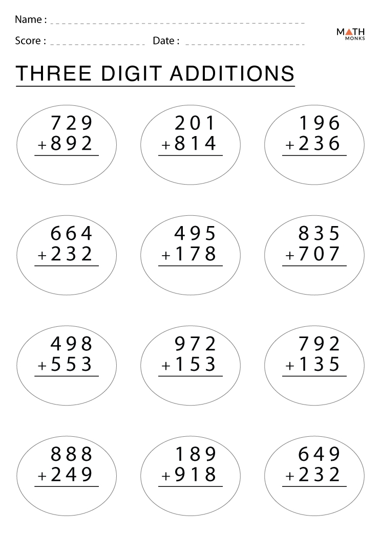 Three Digits Addition Worksheets FREE Printable 3 Digit Addition Math