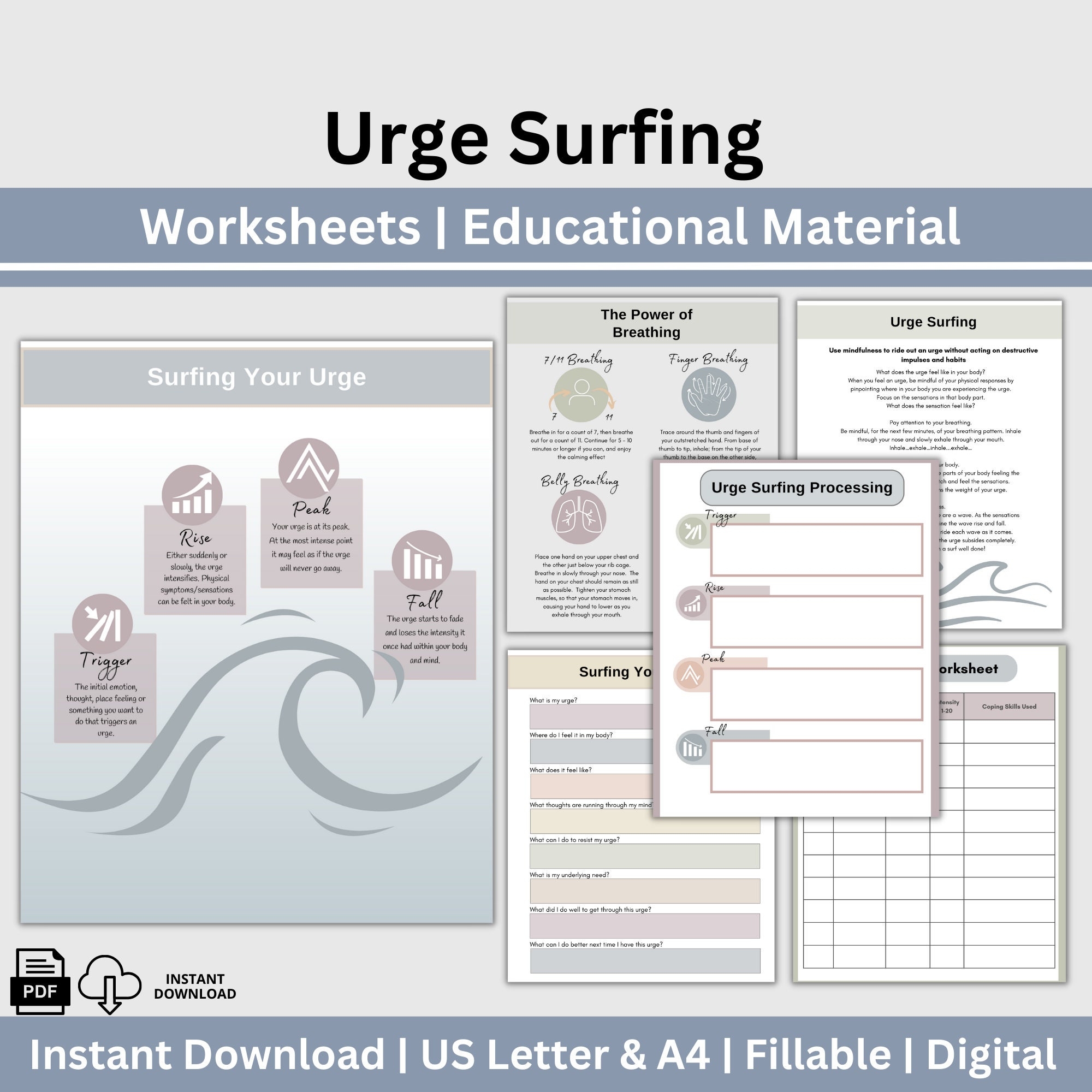Urge Surfing CBT Worksheets Addiction Recovery DBT Therapy 