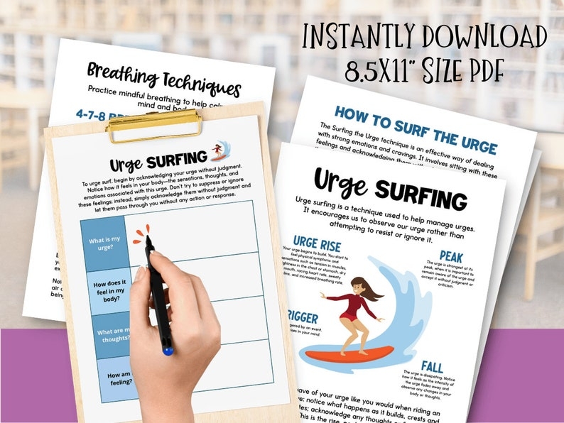 Urge Surfing Therapy Handout Counselor Worksheets Teens Kids Etsy