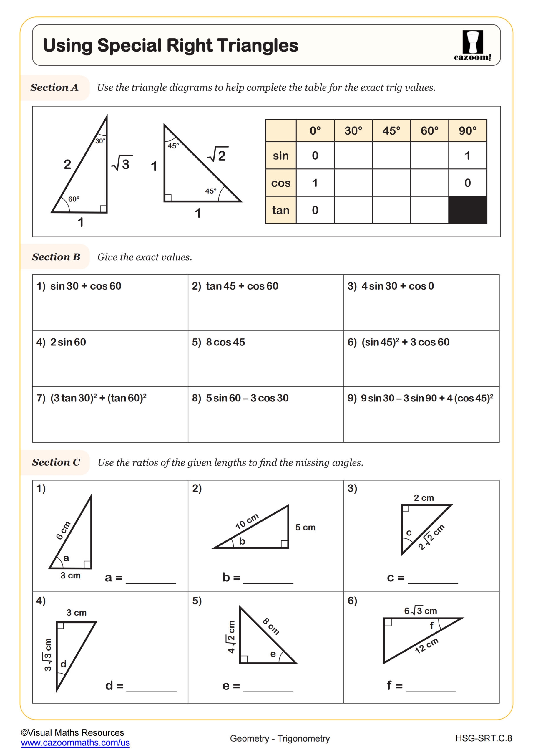 Using Special Right Triangles Worksheet PDF Printable Geometry