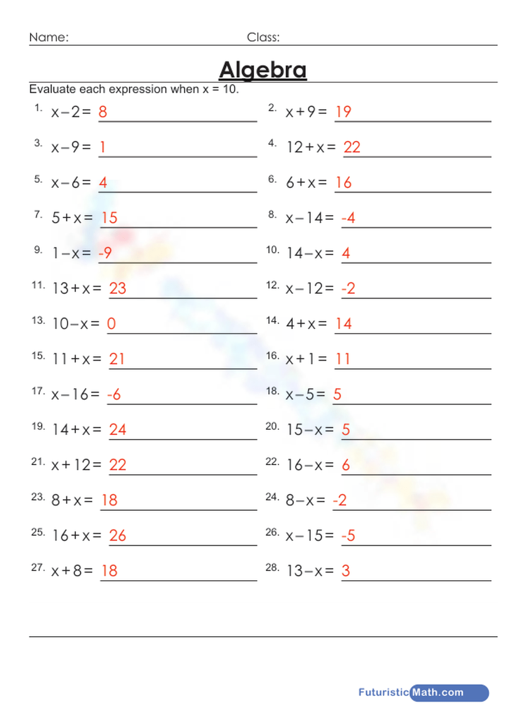 evaluating expressions worksheet