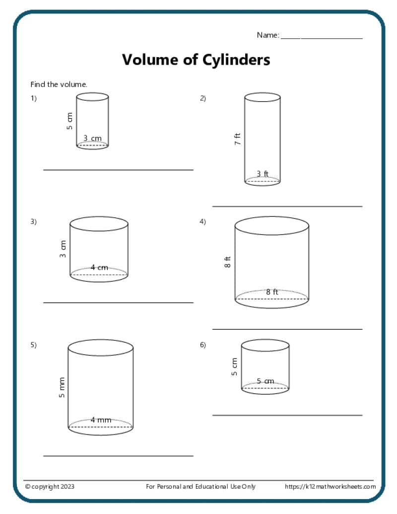 Volume And Surface Area Of Cylinders K12 Math Worksheets Volume And Surface Area Of Cylinders K12 Math Worksheets
