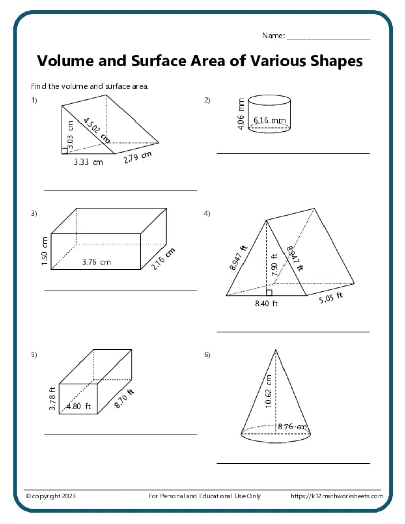 Volume And Surface Area Of Various Shapes K12 Math Worksheets
