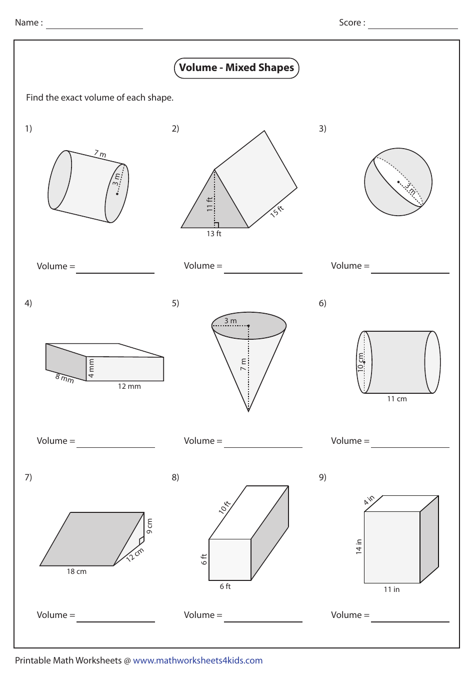 Volume Mixed Shapes Worksheet With Answers Download Printable PDF 