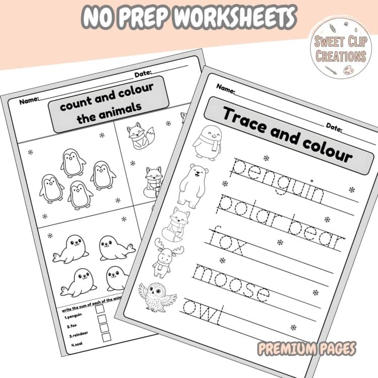 Winter Animals Clip Art Worksheets Preschool Kindergarten Printables
