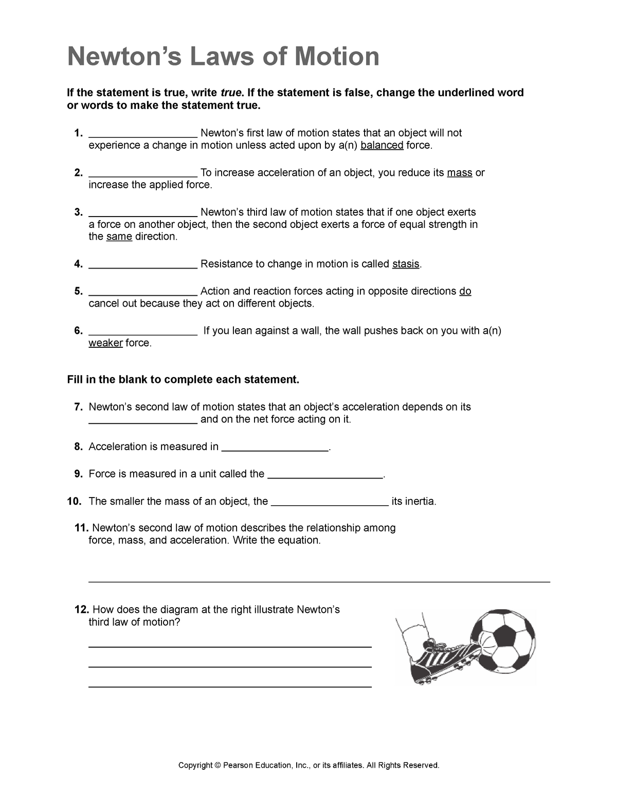 Worksheet 1 Newtons Laws Of Motion If The Statement Is True 