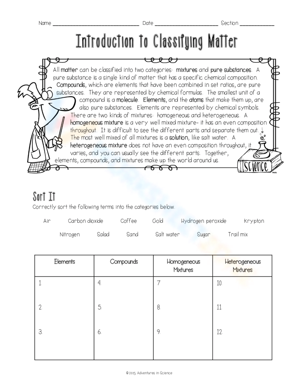 classification of matter worksheet classification of matter worksheet