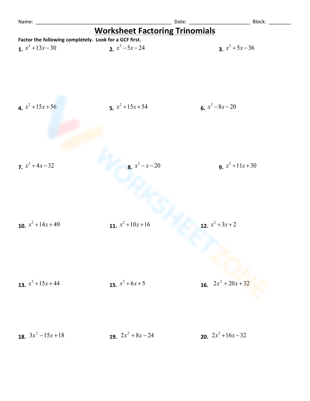 factoring trinomials worksheet factoring trinomials worksheet