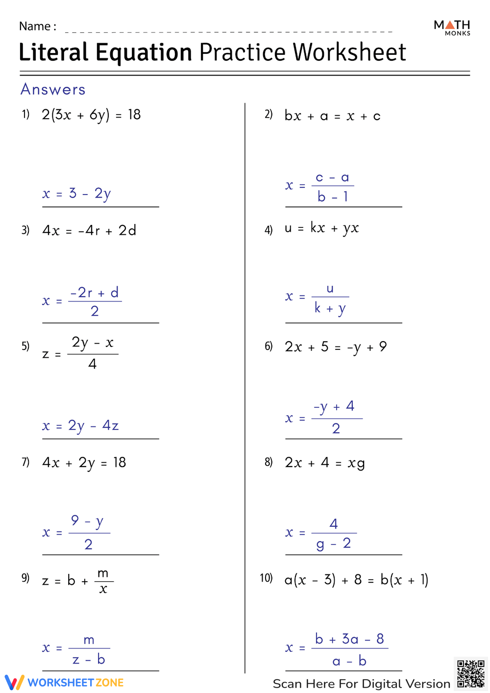 Worksheet Literal Equations Worksheet Literal Equations