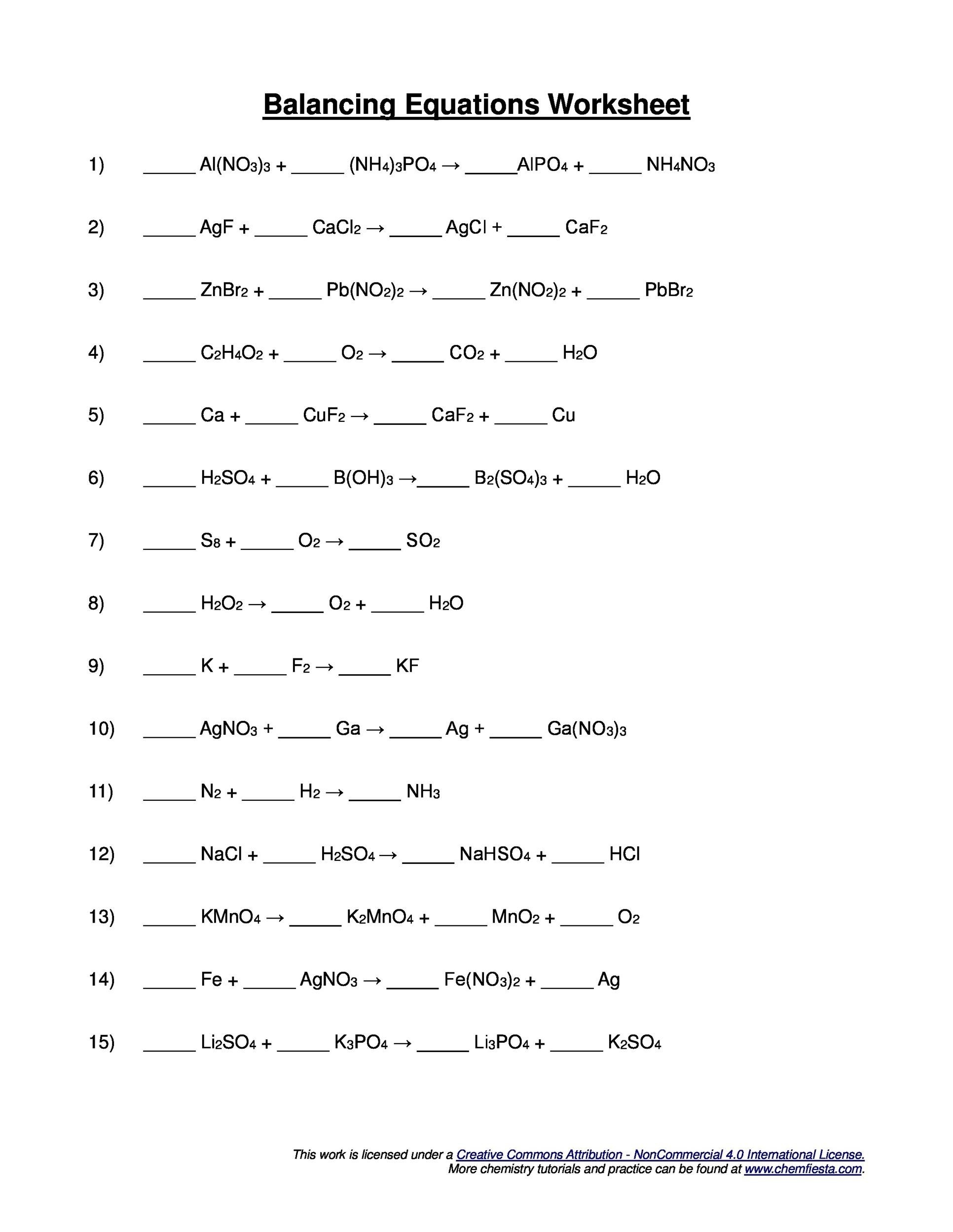 Worksheet On Balancing Chemical Equations Balancing Chemical Equations