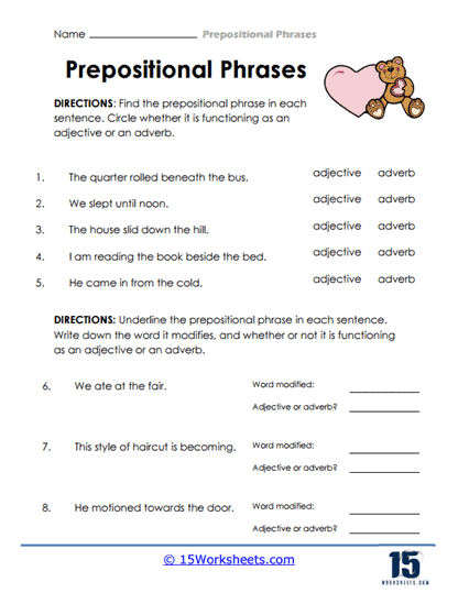 Worksheet On Prepositional Phrases
