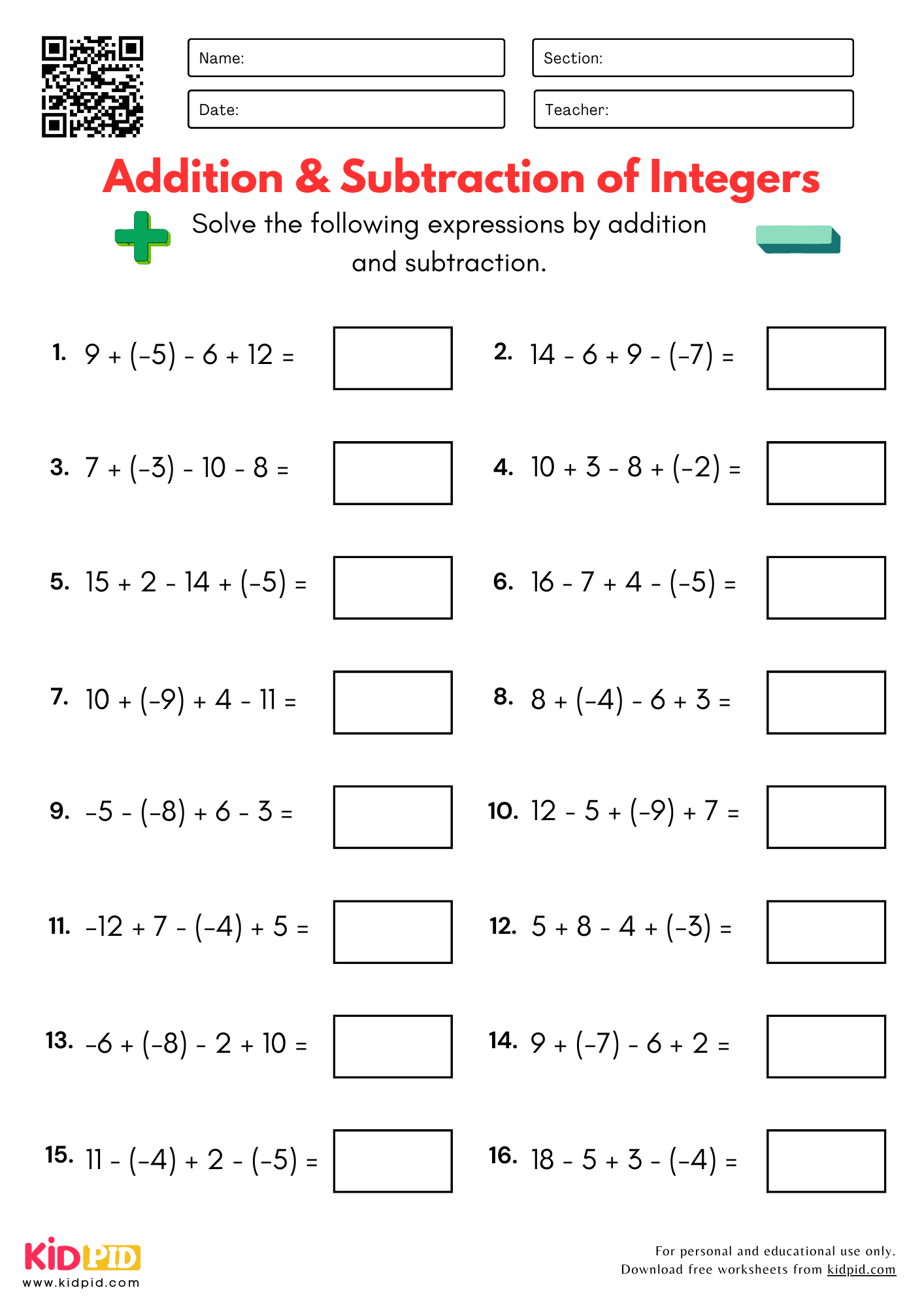 Worksheets Integers Integers Worksheet For Grade 5 Kidpid