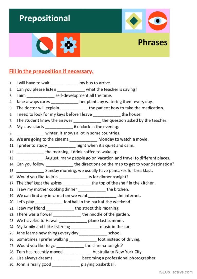 Worksheets On Prepositional Phrases 50 Sentences With Prepositional