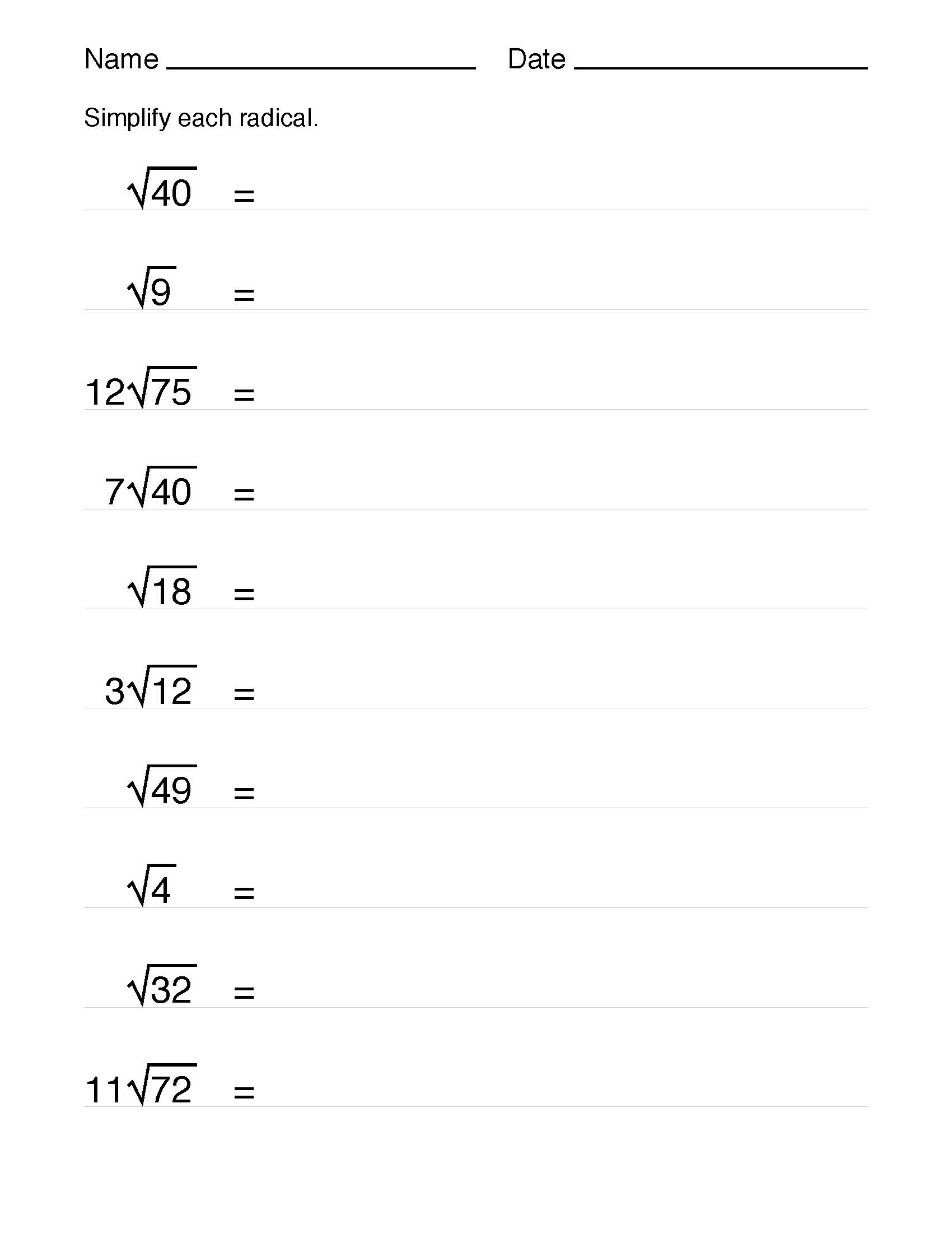 worksheet for simplifying radicals