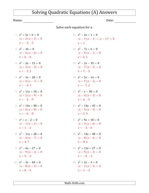 Writing And Solving Quadratic Equations Worksheet PDF Printable 
